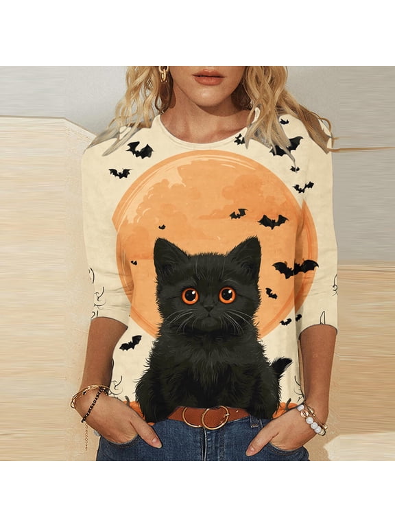 HalloweenShirts for Women Round Neck Three Quarter Black Cat Bat Full Moon Print Halloween Shirts for Women Loose Fit Cute Fall Holiday Womens Tops