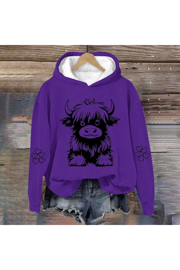 Highland Cow Hoodies for Women Cute Funny Graphic Long Sleeve Sweatshirt Cowgirl Plus Size Clothes for Women Y2K Gift Cow P