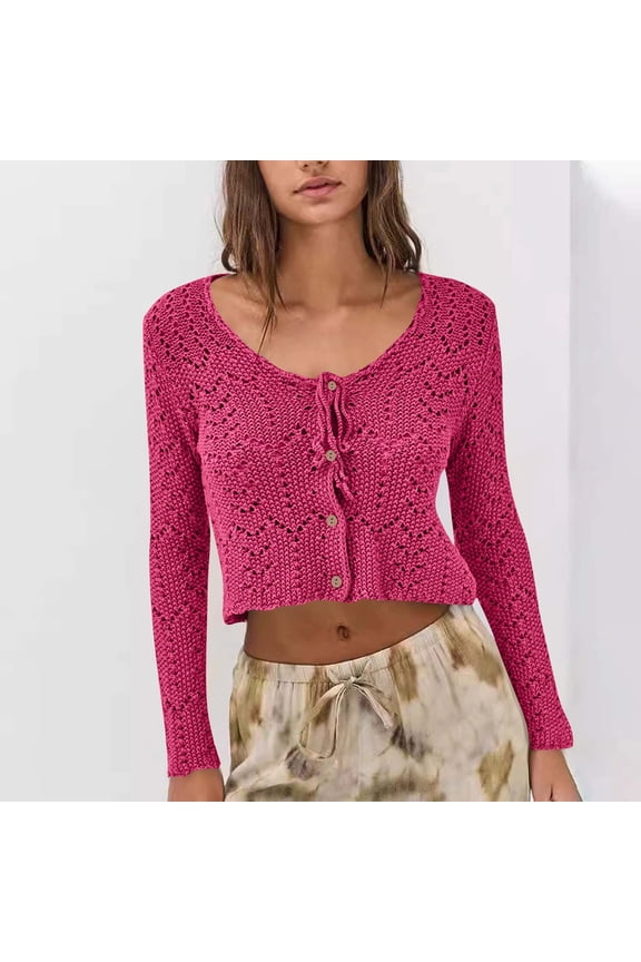 Hollow Tie Front Cropped Cardigan Sweaters for Women Fall Long Sleeve V-Neck Button Up Gift Knitted Versatile Outerwear Cover Up