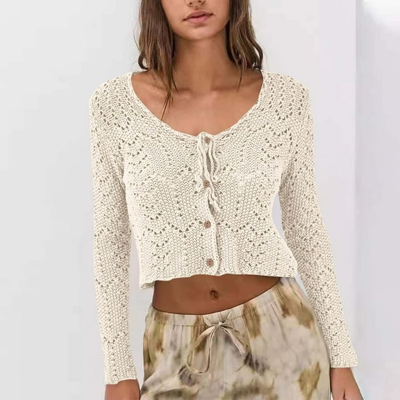 Uootdi Hollow Tie Front Cropped Cardigan Sweaters for Women Fall Long Sleeve V-Neck Button Up Gift Knitted Versatile Outerwear Cover Up