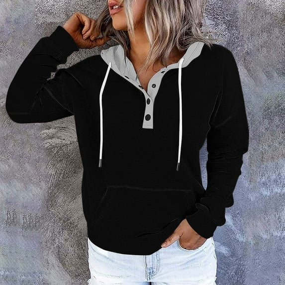Uootdi Hoodie for Women Oversized Button Down Color Block Long Sleeve Sweatshirt Quarter Buttons Pullover Gift Fall Winter Comf y Shirts