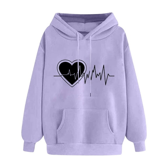 Uootdi Hoodies Cute Heart Graphic Long Sleeve shirt for Women Oversized Drawstring Gift Pullover With Pocket Casual Fashion Swe atshirt