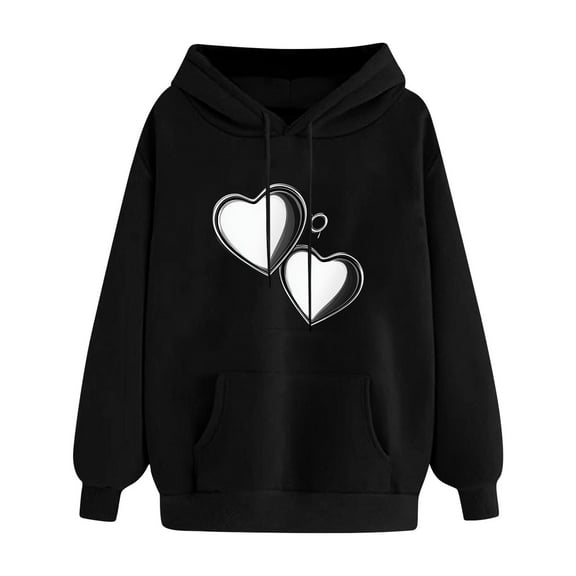 Uootdi Hoodies Cute Heart Graphic Long Sleeve shirt for Women Oversized Drawstring Gift Pullover With Pocket Casual Fashion Swe atshirt
