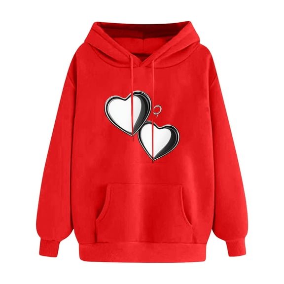 Uootdi Hoodies Cute Heart Graphic Long Sleeve shirt for Women Oversized Drawstring Gift Pullover With Pocket Casual Fashion Swe atshirt