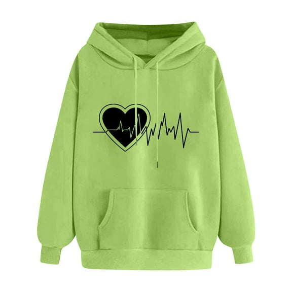 Uootdi Hoodies Cute Heart Graphic Long Sleeve shirt for Women Oversized Drawstring Gift Pullover With Pocket Casual Fashion Swe atshirt