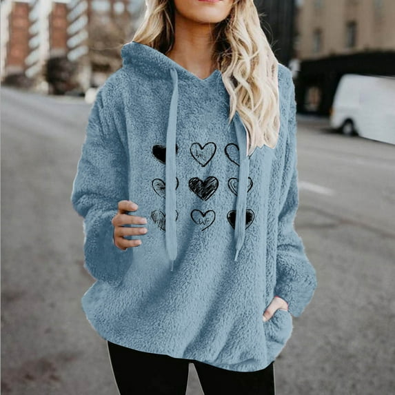 Uootdi Hoodies Womens Fuzzy Fleece Hoodies Oversized Pullover Love Heart Print Sherpa Drawstring Hooded Sweatshirt Winte r Gift Warm Shirts with