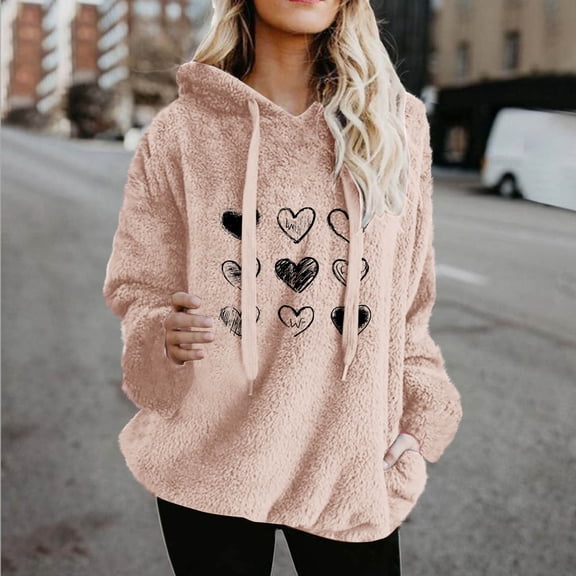 Uootdi Hoodies Womens Fuzzy Fleece Hoodies Oversized Pullover Love Heart Print Sherpa Drawstring Hooded Sweatshirt Winte r Gift Warm Shirts with