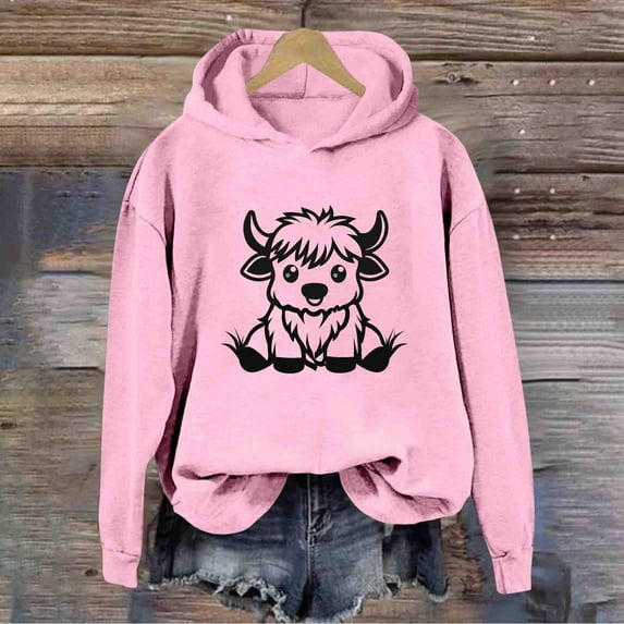 Uootdi Hoodies for Women Cute Highland Cow Printed Funny Graphic Long Sleeve Sweatshirt Plus Size Cowgirl Y2K Clothes