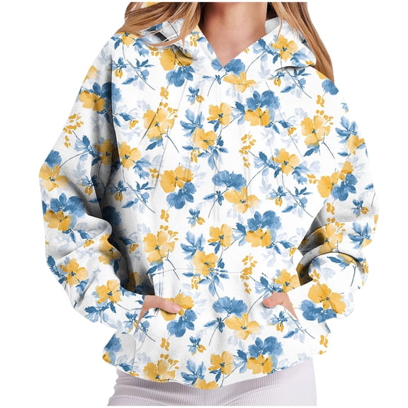 Uootdi Hoodies for Women Floral Print Pleated Long Sleeve Sweatshirt Y2K Hoodies Jackets Gift with Pockets Fall Fashion