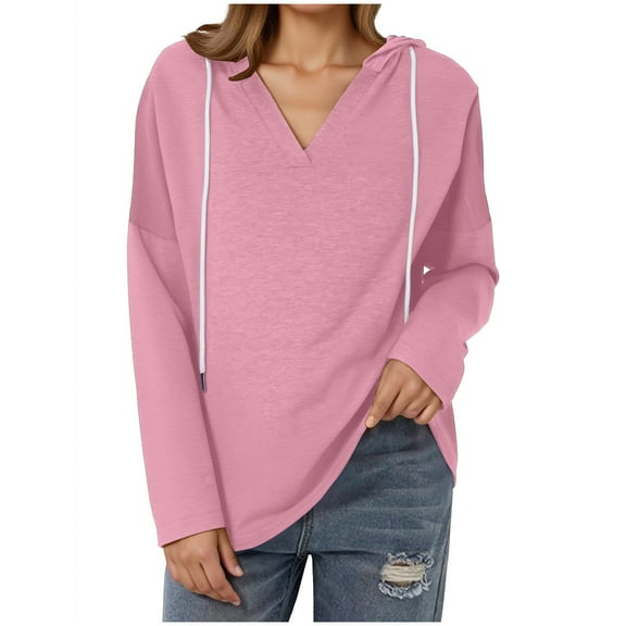 Uootdi Hoodies for Women Long Sleeve Shirts for Women Oversized V Neck Lightweight Sweatshirts Gift Drawstring Pullover Loose F it Tops