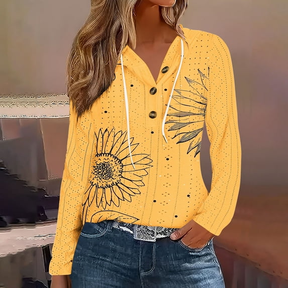 Uootdi Hoodies for Women Polka Dot Print Long Sleeve Sweatshirts for Women Button V Neck Gift Color Block Eyelet Drawstring Hoodi es