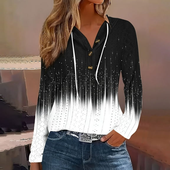 Uootdi Hoodies for Women Polka Dot Print Long Sleeve Sweatshirts for Women Button V Neck Gift Color Block Eyelet Drawstring Hoodi es