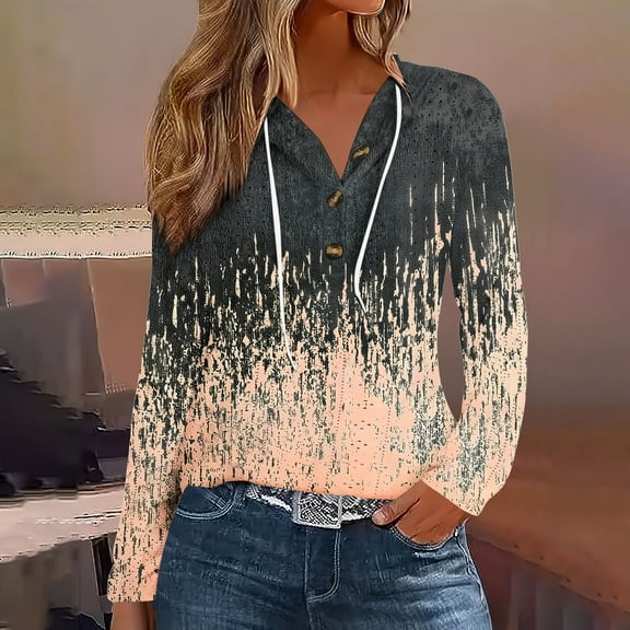 Uootdi Hoodies for Women Polka Dot Print Long Sleeve Sweatshirts for Women Button V Neck Gift Color Block Eyelet Drawstring Hoodi es