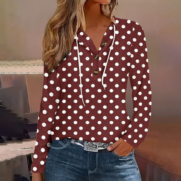 Uootdi Hoodies for Women Polka Dot Print Long Sleeve Sweatshirts for Women Button V Neck Gift Color Block Eyelet Drawstring Hoodi es