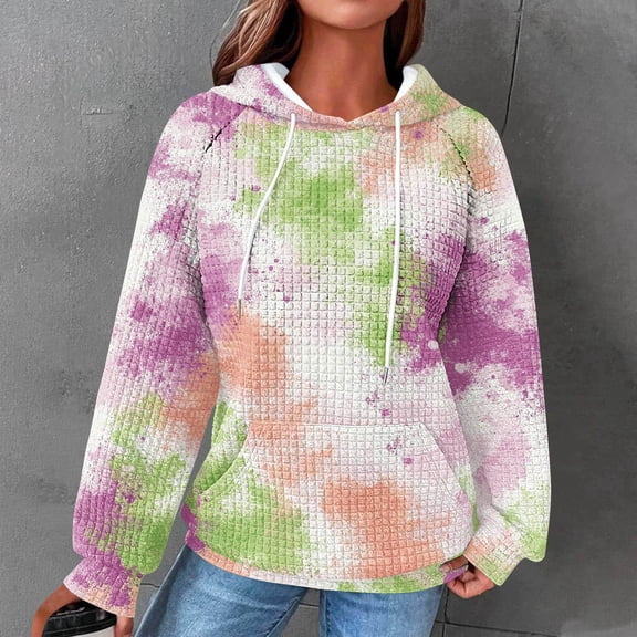 Uootdi Hoodies for Women Waffle Gift Print Color Block Casual Long Sleeve Hoodies Loose Sports Pullover Tops Fashion Fall Sweats hirts with