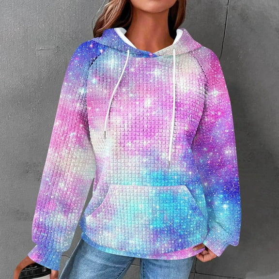 Uootdi Hoodies for Women Waffle Gift Print Color Block Casual Long Sleeve Hoodies Loose Sports Pullover Tops Fashion Fall Sweats hirts with