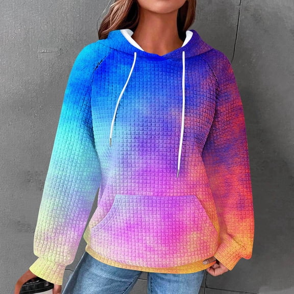 Uootdi Hoodies for Women Waffle Gift Print Color Block Casual Long Sleeve Hoodies Loose Sports Pullover Tops Fashion Fall Sweats hirts with
