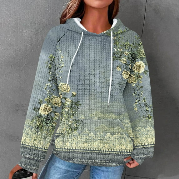 Uootdi Hoodies for Women Waffle Print Color Block Casual Long Sleeve Hoodies Loose Gift Sports Pullover Tops Fashion Fall Sweats hirts with