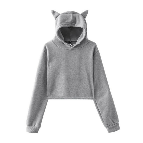 Uootdi Hoodies for Women Women's Long Sleeve Short Hoodies Girl's Cute Pink Cat Ear Gift Crop Tops fashionable solid color hoodie