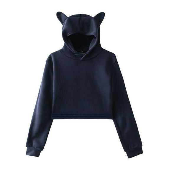 Uootdi Hoodies for Women Women's Long Sleeve Short Hoodies Girl's Cute Pink Cat Ear Gift Crop Tops fashionable solid color hoodie