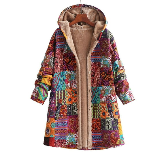Uootdi Jacket for Women Button Up Patchwork Boho Vintage Patchwork Fleece Aztec Hooded Cardigan Buttton Down Ethnic Gift Sherpa Lined Long