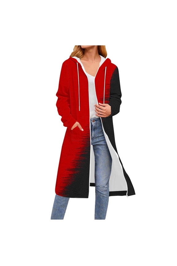 Jackets for Women Tie Dye Long Trench Coat Cotton Fleece Warm Drawstring Gift Zip Up Hoodies Jackets Outwear Fall Fashion