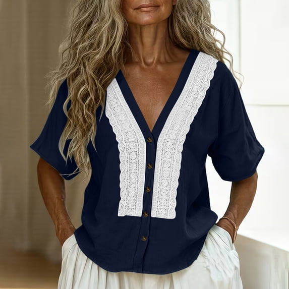Uootdi Ladies Casual Shirts Plain Hollow Out Placket V Neck Short Sleeve Linen Shirt Soft Breathable Daily Wear Blouses Gift