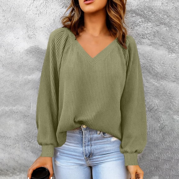 Uootdi Lightweight Sweaters for Women V Neck Solid Color Long Sleeve Shirts Casual Loose Fit Fall Fashion Knit Pullover Tops Gift