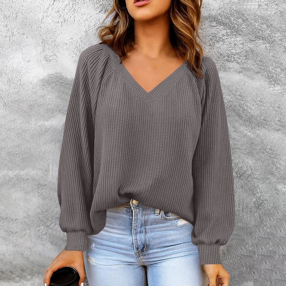 Uootdi Lightweight Sweaters for Women V Neck Solid Color Long Sleeve Shirts Casual Loose Fit Fall Fashion Knit Pullover Tops Gift