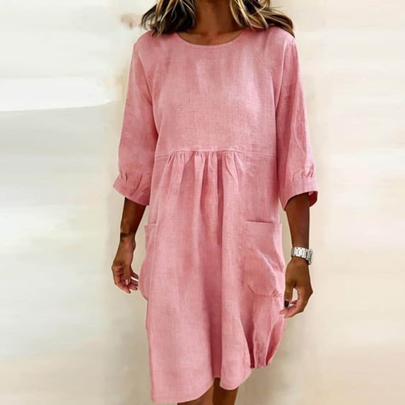 Uootdi Linen Dresses for Women Crew Neck 3/4 Sleeve Pocket Dresses Loose Flowy Casual Midi Dresses Summer Daily Wear Gift