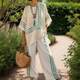 thumbnail image 1 of Uootdi Linen Sets for Women 2 Piece Short Sleeve Oversized Striped Trim Top High Waist Flowy Wide Leg Pants Boho Vacation Matching Outfits, 1 of 5