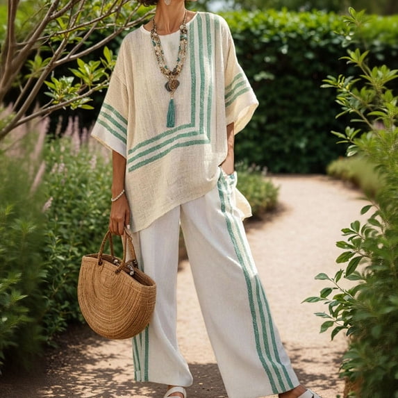 Uootdi Linen Sets for Women 2 Piece Short Sleeve Oversized Striped Trim Top High Waist Flowy Wide Leg Pants Boho Vacation Matching Outfits