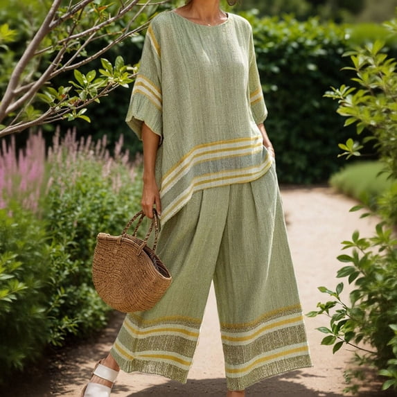 Uootdi Linen Sets for Women 2 Piece Short Sleeve Oversized Striped Trim Top High Waist Flowy Wide Leg Pants Boho Vacation Matching Outfits