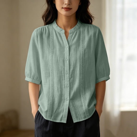 Uootdi Linen Tops for Women Mandarin Collar Half Sleeve Floral Embroidered Stripe Womens Tops Relaxed Fit Lightweight Womens Shirts for Women