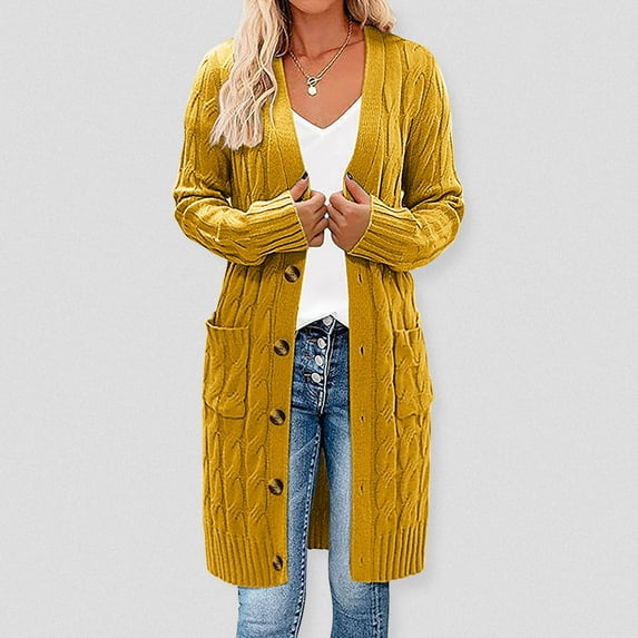 Uootdi Long Cardigan Sweaters for Women Button Down Stylish Cable Knit Sweater Coats Soild Color Maxi Open Front Cardigan Sweater Outerwear Gift
