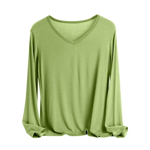Uootdi Long Gift Sleeve Shirts for Women Modal V Neck Solid Color Basic Tee Soft Comfy Blouse Top Soft Ladies Pajama Shirt