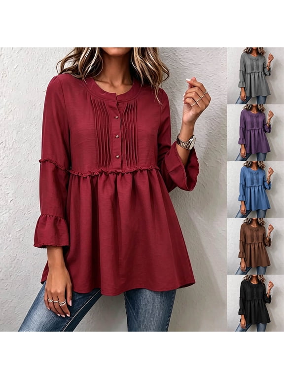 Long Sleeve Blouses for Women Round Neck Pleated Front Ruffle Tiered Hem Flared Sleeve Womens Tops Fall Casual Womens Shirts