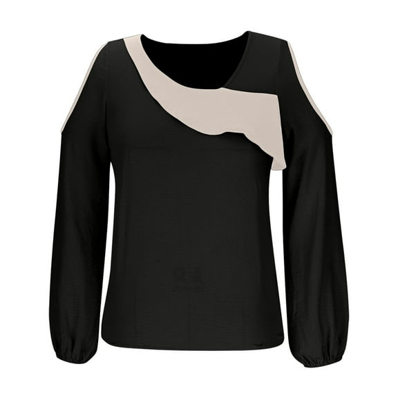 Uootdi Long Sleeve Shirt for Women Cold Shoulder Cut Out Asymmetrical V Neckline Gift Black White Colorblock Blouses Fall Y2K Loo