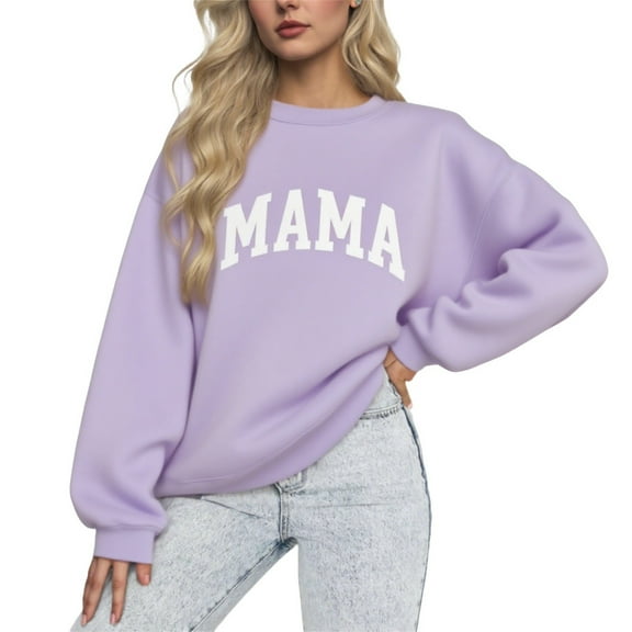 Uootdi Long Sleeve Shirt for Women Oversized Mama Letter Print Sweatshirts Crewneck Pullover Gift Casual Knit Graphic Mom Tops