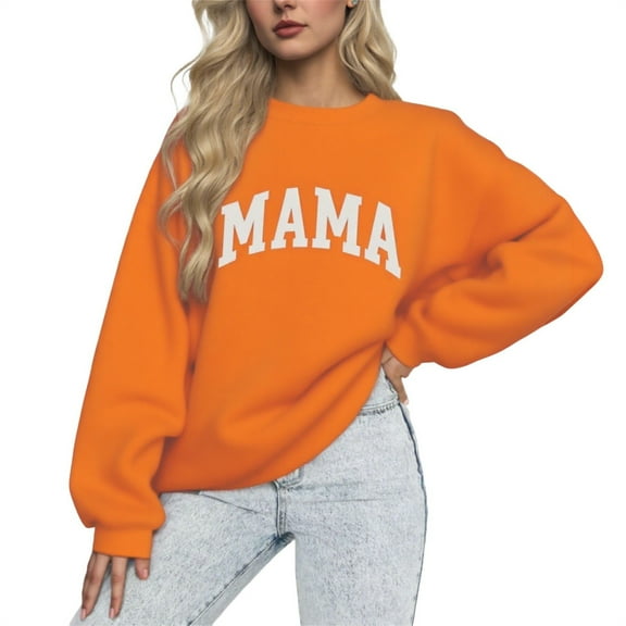 Uootdi Long Sleeve Shirt for Women Oversized Mama Letter Print Sweatshirts Crewneck Pullover Gift Casual Knit Graphic Mom Tops