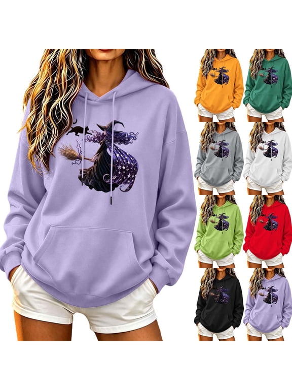 Long Sleeve Shirts for Women Hooded Halloween Witch Black Cat Broom Print Trendy Tops for Women Relaxed Fit Comfortable Graphic Tees for Women Gift