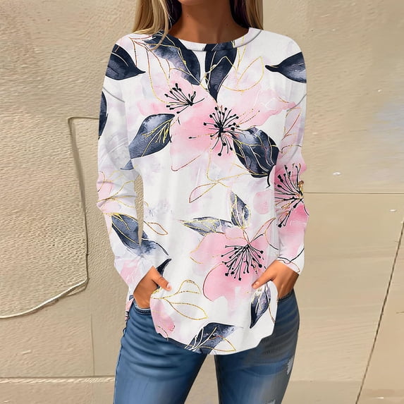 Uootdi Long Sleeve Shirts for Women Casual Crewneck Loose Tunic Tops Retro Floral Maple Leaf Graphic Tees Gift Fall Fashion Work B