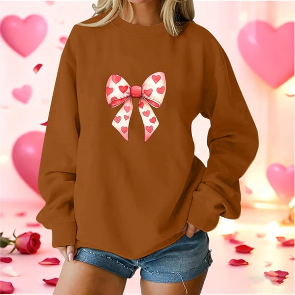 Uootdi Long Sleeve Shirts for Women Causal Bow Knot Print Graphic Crewneck Sweatshirt Oversized Blouse Tops Plus Size Pullover Cute Top Gift