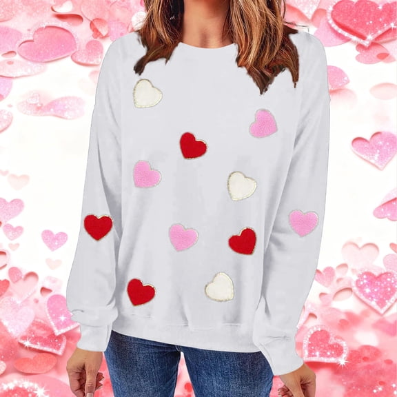Uootdi Long Sleeve Shirts for Women Causal Cute Love Heart Print Graphic Sweatshirt Oversized Crewneck Blouse Tops Plus Size Pullover Cute Top Gift