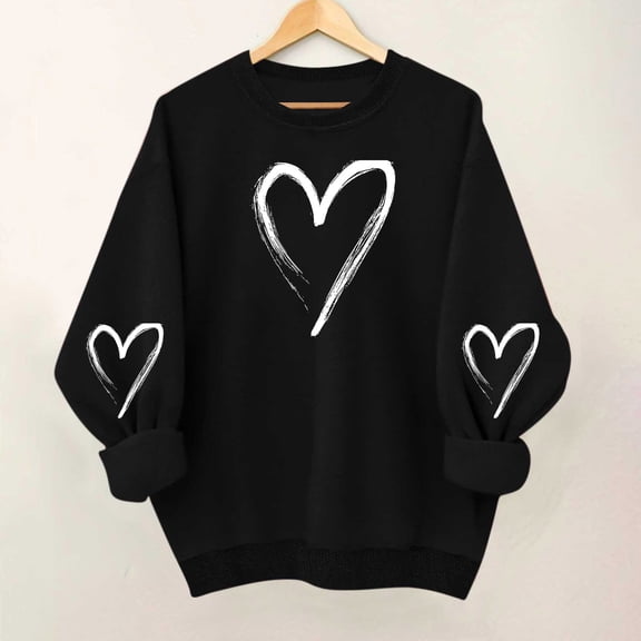 Uootdi Long Sleeve Shirts for Women Causal Heart Print Graphic Crewneck Sweatshirt Oversized Blouse Tops Plus Size Pullover Cute Top Gift