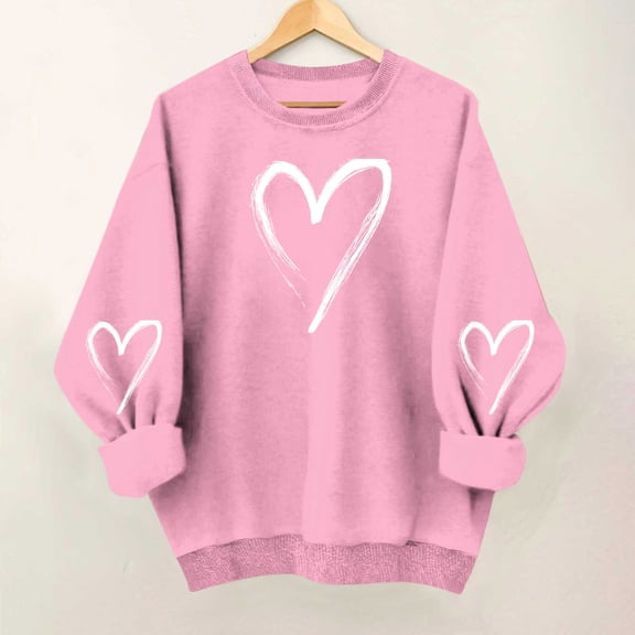 Uootdi Long Sleeve Shirts for Women Causal Heart Print Graphic Crewneck Sweatshirt Oversized Blouse Tops Plus Size Pullover Cute Top Gift