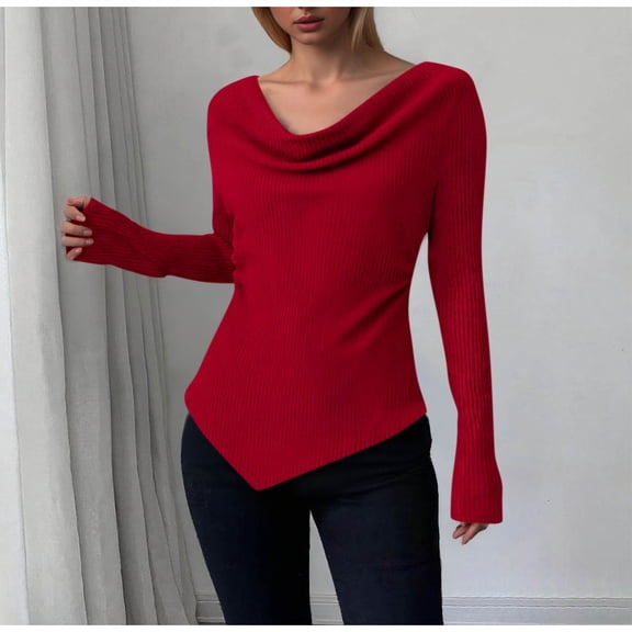 Uootdi Long Sleeve Shirts for Women Cowl Neck Asymmetrical Slim Fit Tee Shirts Trendy Y2K Crop Top Going Out Tops Gift