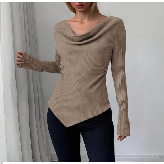 Uootdi Long Sleeve Shirts for Women Cowl Neck Asymmetrical Slim Fit Tee Shirts Trendy Y2K Crop Top Going Out Tops Gift
