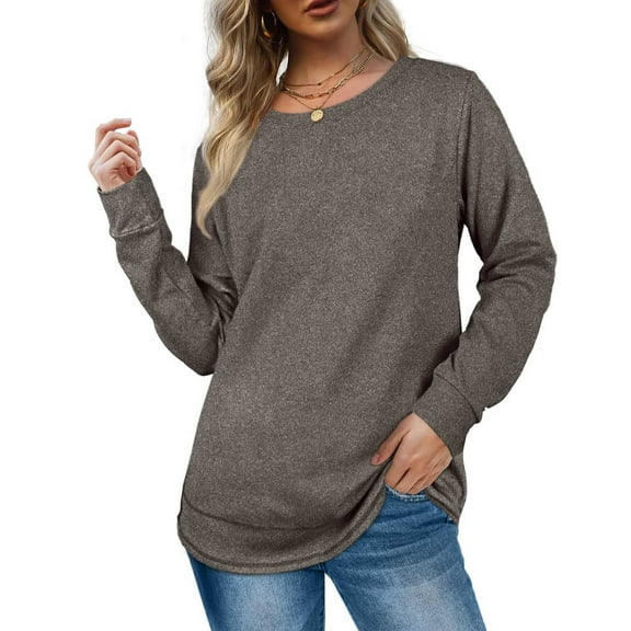 Uootdi Long Sleeve Shirts for Women Crew Neck Simple Solid Color Sweatshirts Casual Basic Fall Tops Loose Fit Gift Comfy