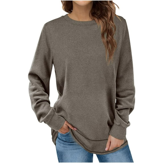 Uootdi Long Sleeve Shirts for Women Crew Neck Simple Solid Color Sweatshirts Casual Basic Fall Tops Loose Fit Gift Comfy